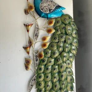 Metal peacock wall art with colorful feathers and decorative floral accents.
