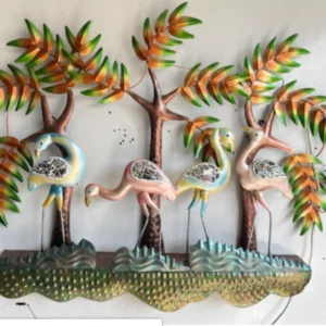 Colorful flamingo tree metal wall art with tropical leaves and luxury handcrafted wall décor design.