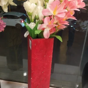 Artificial Flower Vase for Living Room with pink and white decorative flowers in a stylish red floor vase