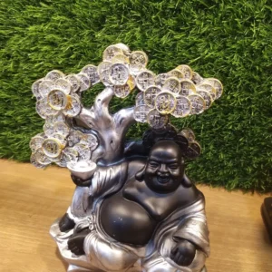 Silver Laughing Buddha money tree decor showpiece
