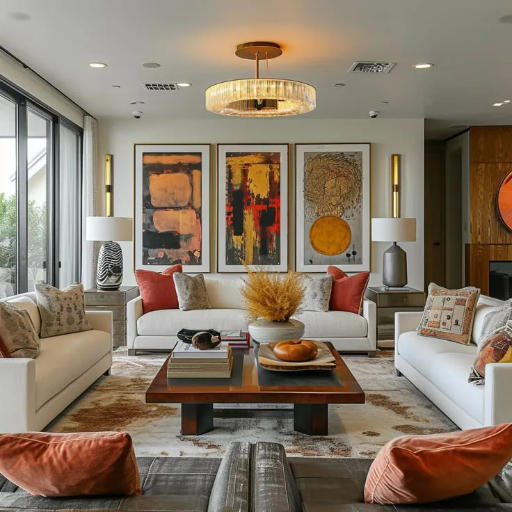 Modern American living room interior with elegant sofa set, wall art, chandelier and premium home decor design.