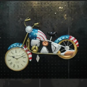 Vintage bike wall clock for living room with artistic retro metal design.